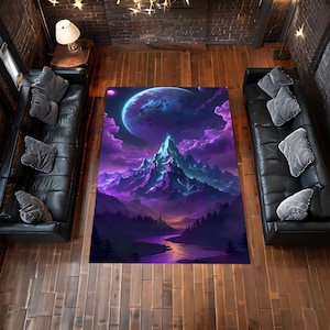 Galaxy Mountain Rug, Fantasy Area Rug, Purple Aesthetic Floor Mat, Space Themed Carpet, Living Room Decor, Gamer Room Rug, Gift For HimOrHer