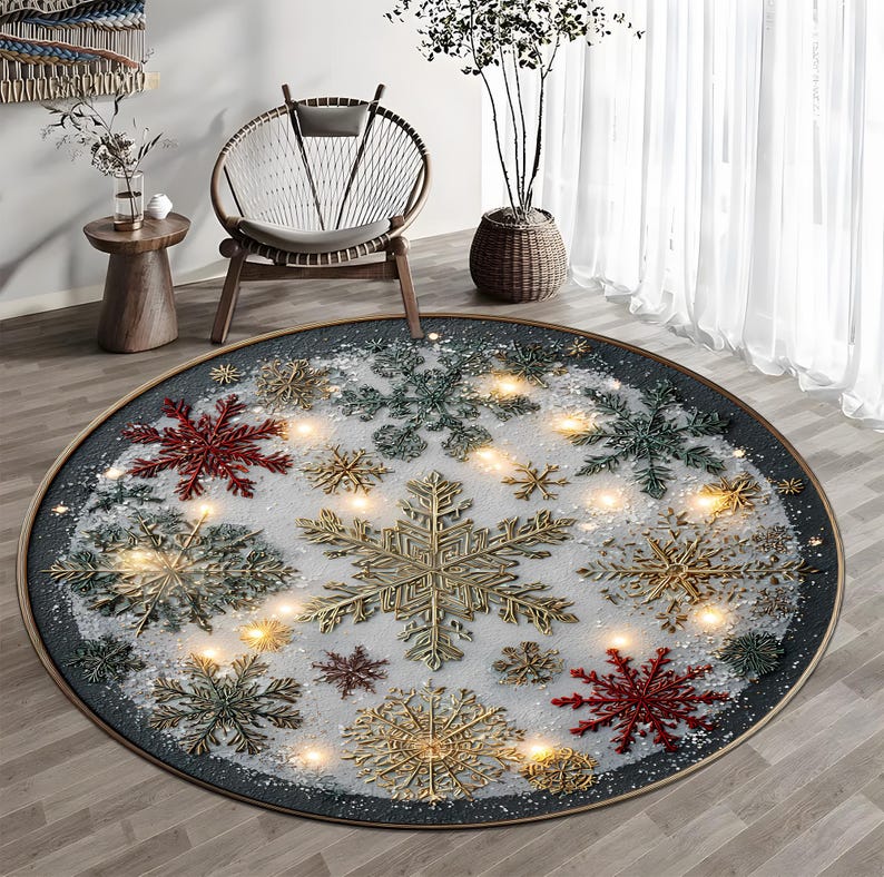 Round Christmas Snowflake Rug, Winter Holiday Carpet, Festive Living ...