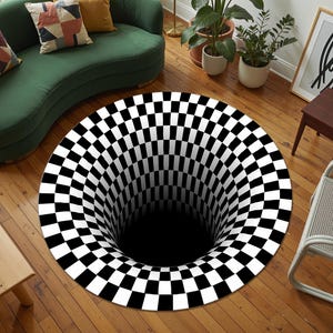 Alfombra de vórtice con ilusión óptica, alfombra de cuadros 3D con agujeros negros para sala de estar o decoración gamer, arte de suelo psicodélico redondo moderno.