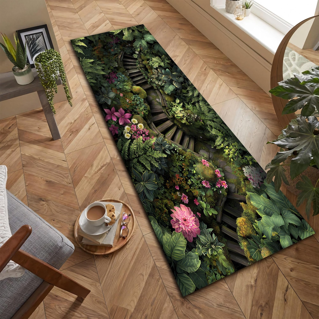 Botanical Garden Staircase Runner Rug, Fantasy Floral Hallway Decor ...