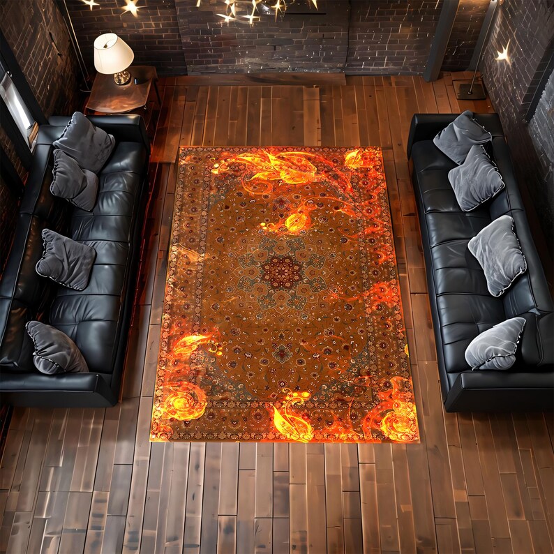 May include: A traditional Persian rug with intricate patterns and designs is set on a wooden floor. The rug is illuminated from below, creating a fiery orange glow.
