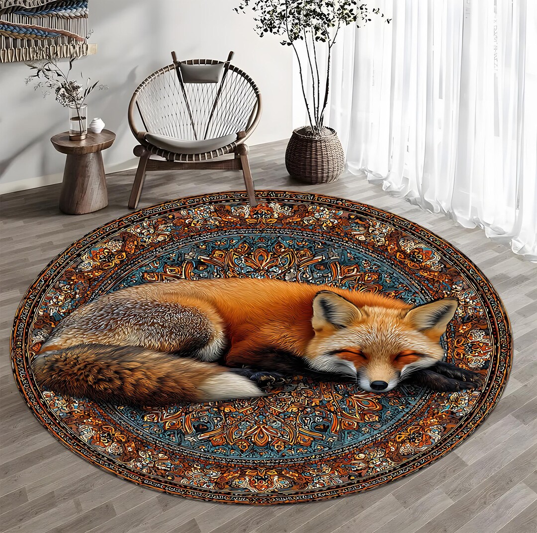 Texture Fox Hunt Rug Fox Round Rug, Rustic Woodland Carpet, Cozy Animal Floor Mat, Sleeping ...