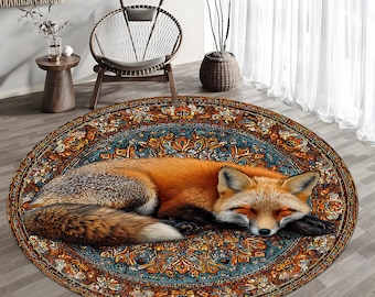 Runder Fuchs Teppich, Wollteppich, Tier Bodenmatte, Rustikaler Teppich, Schlafender Fuchs Boho Dekor, Kabine Wohnzimmer Teppich, Waldtier Geschenk