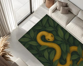 Alfombra de serpiente dorada: arte de suelo inspirado en la jungla con hojas verde oscuro, decoración misteriosa y llamativa, un regalo único para él o ella.