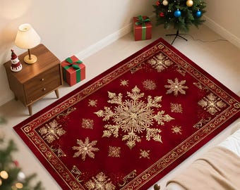 雪の結晶模様のラグ|ゴールドのクリスマスラグ|最高のクリスマス
