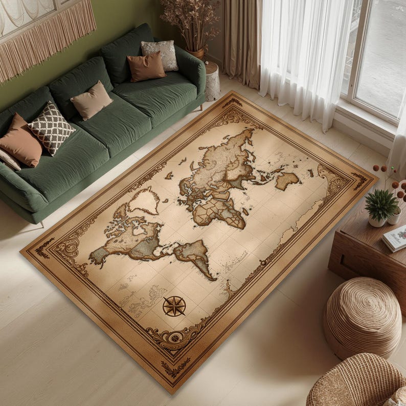 World Explorer Rug Vintage World Map Rug, Antique Style Area Carpet for Living Room, Retro ...
