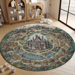 May include: A round area rug featuring a detailed map design with a central castle surrounded by a lake and various buildings. The rug has a muted color palette of greens, blues, and browns, creating a whimsical and inviting aesthetic.