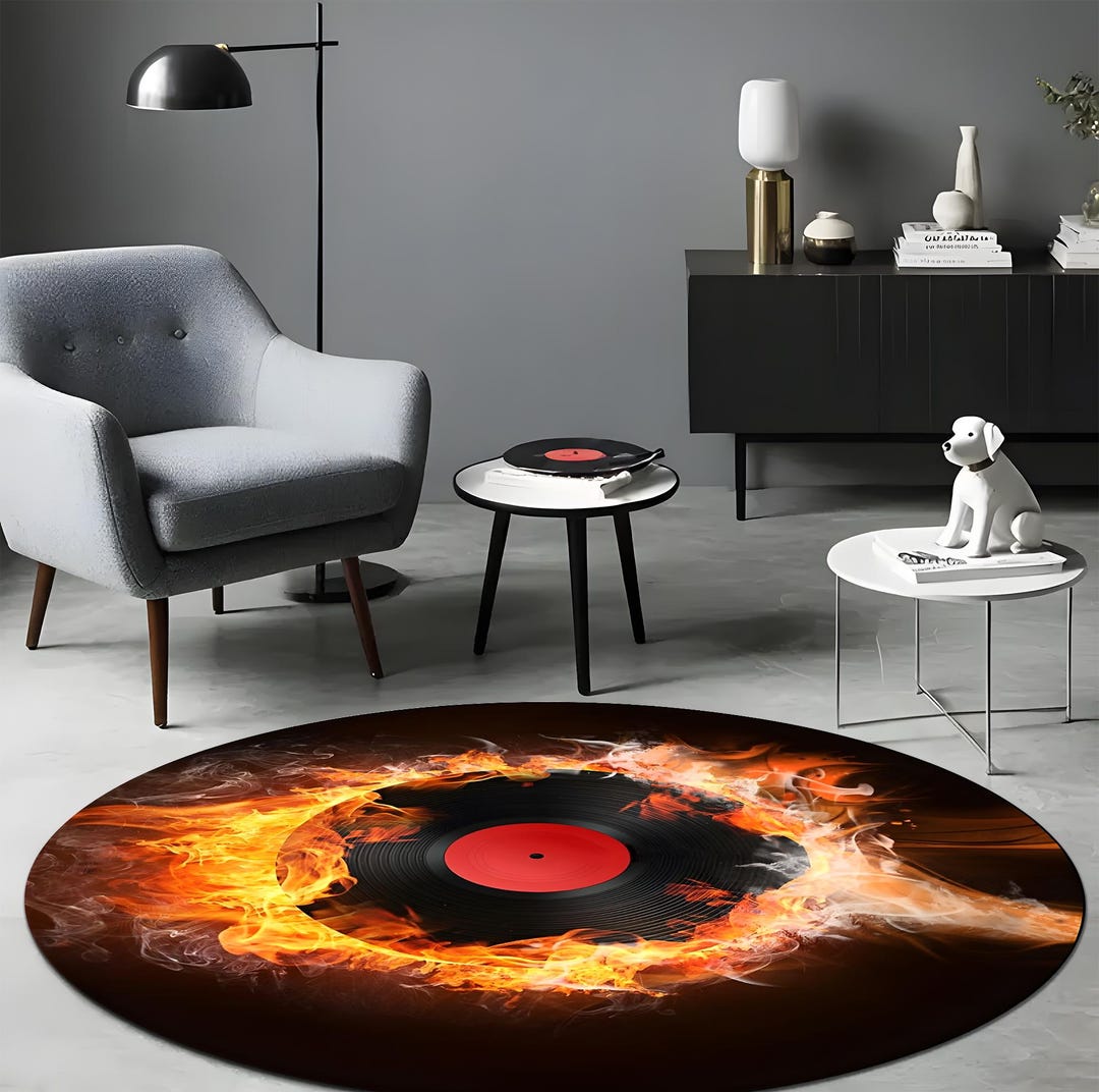 Fire Rug Backround Vinyl Record Flame Rug Round Fire Music Decor for Djs, Retro Rock ...