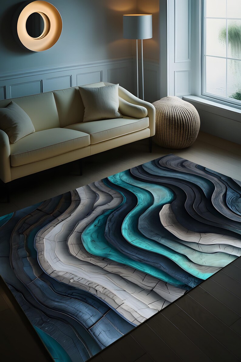 Abstract Topographic Area Rug, 3D Illusion Modern Carpet, Blue and Gray ...