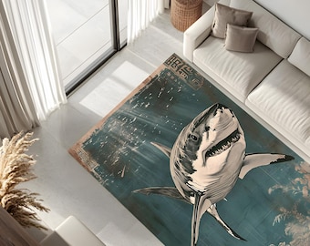 May include: A blue and beige rug with a white great white shark illustration. The shark is swimming upwards with its mouth open. The rug has a Japanese-inspired design with floral accents.