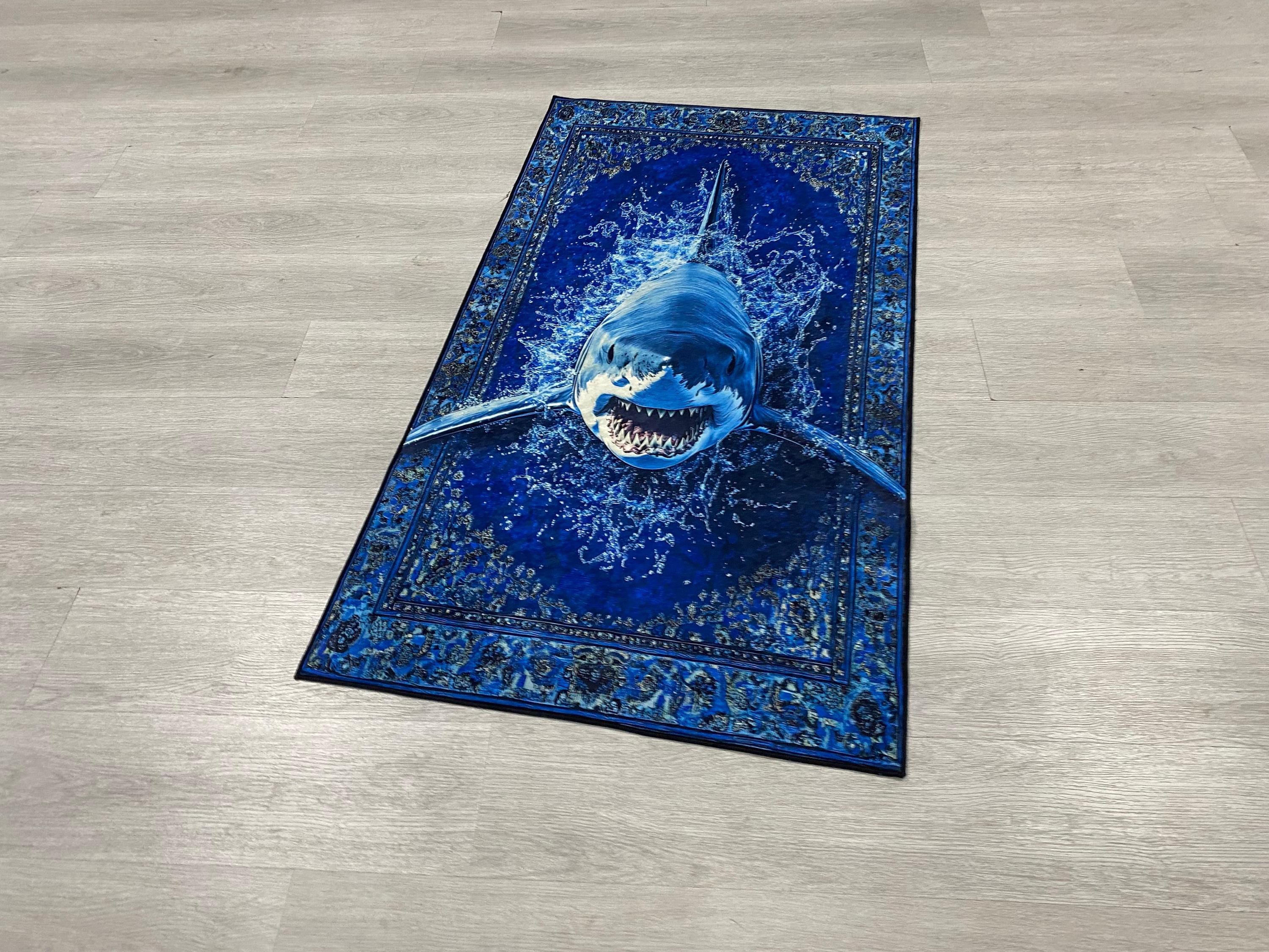 リビングルーム用3Dシャークラグ - 深海のグレートホワイトカーペット