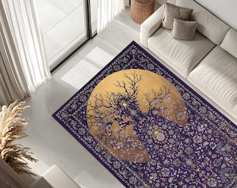 Purple Tree Of Life Rug With Golden Moon, Boho Celestial Area Rug For Living Room Or Bedroom, Mystical Decor Gift For Her Or Housewarming
