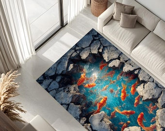 Alfombra de suelo con diseño de pez koi 3D, diseño realista de océano, con ilusión submarina, decoración moderna y única para el hogar.