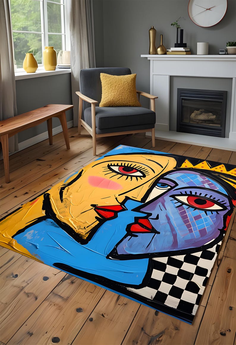 Colorful Face Rug Abstract Modern Art Rug, Colorful Picasso-inspired Area Rug ...