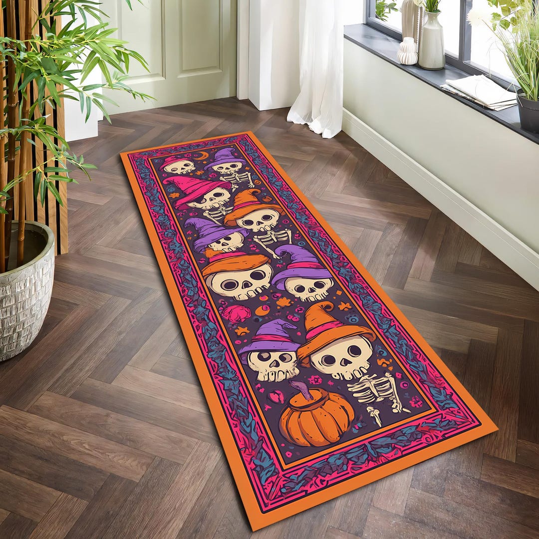 Large Spooky Rug Halloween Rug, Skeleton Rug, Skull Rug, Pumpkin Rug, Witch Hat Rug ...