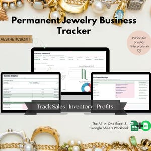 Puede incluir: Un rastreador de negocios digital para joyería permanente mostrado en tres pantallas de computadora. La interfaz incluye secciones para Executive Dashboard, Business Analytics y Business Settings. El texto incluye Permanent Jewelry Business Tracker, BY AESTHETICBIZKIT, Track Sales | Inventory | Profits y The All-in-One Excel & Google Sheets Workbook.