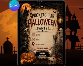 May include: A digital Halloween party invitation template featuring a skeleton in a top hat, a ghost, a jack-o'-lantern, and a raven. The text reads SPOOKTACULAR HALLOWEEN PARTY, DATE, TIME, LOCATION, COSTUME CANDY AND CREEPY FUN, and RSVP BY 123-425-678.