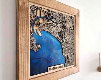 Custom Wooden Map  Any city 3D Laser cut Wooden Wall Art with resin and Rustic Frame  Unique Personalized Gift for Housewarming