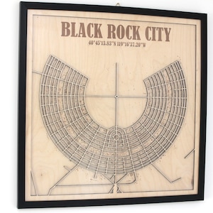 Carte 3D personnalisée en bois – Exemple Black Rock City – Décoration murale avec résine – Toute ville possible – Cadre noir MDF