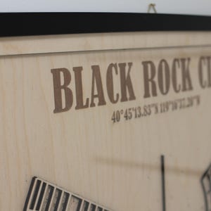May include: Wooden framed artwork featuring the words "BLACK ROCK CITY" in brown lettering. The artwork also includes coordinates and a partial architectural rendering. The frame is black.