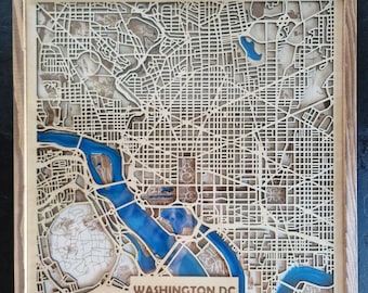 Customise your Epoxy Laser Cut 3D City Map -Wooden Wall Art with resin and Rustic Frame