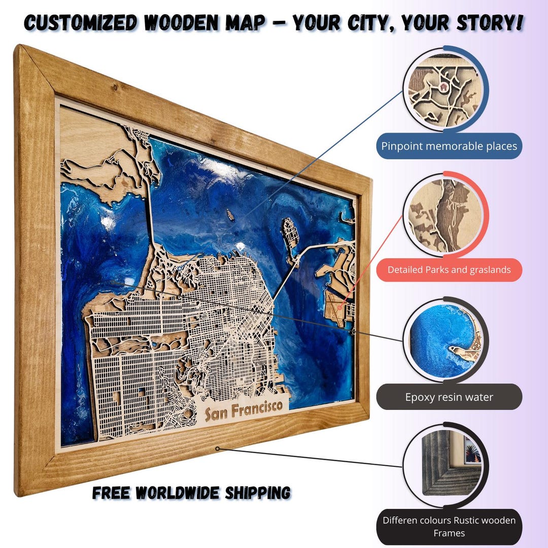 Wooden Map of Any City -3D Laser Cut Wooden Wall Art With Resin and ...
