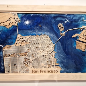 Carte de Ville 3D Rustique - Art Mural en Bois Découpé au Laser avec Résine Époxy et Cadre Rustique