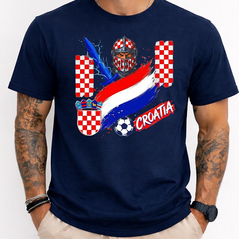 Croatia Football Shirt Croatian Knight Soccer Fan Tee Red Checked Flag Graphic T-Shirt Shield Apparel Croatia Country Souvenir Gift image 3