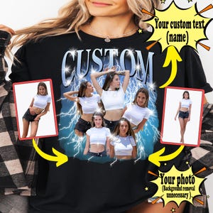 May include: Black t-shirt with a custom design. The design includes the word "CUSTOM", images of people, and lightning bolts. Text bubbles indicate areas for custom text and a photo.