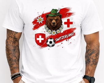Switzerland Football Shirt Bear Soccer Fan Tee Swiss Flag Graphic T-Shirt Edelweiss Apparel Switzerland Souvenir Alps Sports Fan Gift
