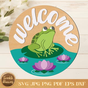 Placa de boas-vindas Lily Pad, download digital, cabide de porta de sapo SVG, arquivo a laser Glowforge, arquivo a laser Cricut, decoração de primavera, placa de porta de verão SVG