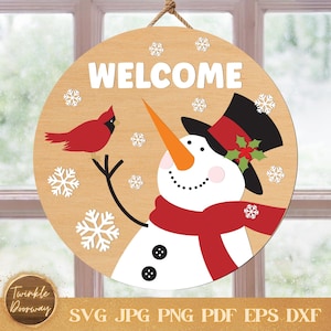 Welcome Snowman Door Sign, Digital Download, Winter Door Hanger SVG, Glowforge Laser File, Cricut, Christmas Decor, Snowman Door Hanger Svg