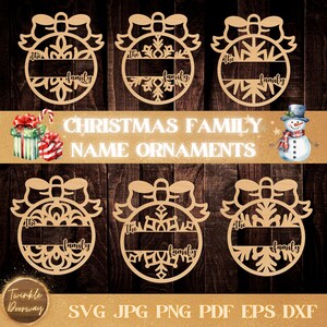 Pacchetto di decorazioni natalizie con nome della famiglia, download digitale, SVG personalizzato per le festività, file laser Glowforge, Cricut, decorazioni personalizzate con nome