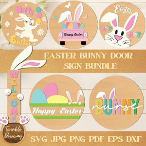 Easter Bunny Door Sign Bundle, Digital Download, Spring Door Hanger SVG, Glowforge Laser File, Cricut, Easter Decor, Bunny Laser Door Sign