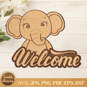 Elefant Willkommensschild, digitaler Download, Elefant Türschild SVG, Glowforge Laser-Datei, Safari-Dekor, Haustürschild, Tierliebhaber Handwerk