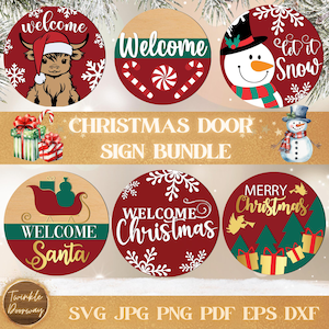 Welcome Christmas Door Sign Bundle, Digital Download, Holiday SVG Bundle, Glowforge Laser File, Cricut, Christmas Decor, Winter Door Hangers