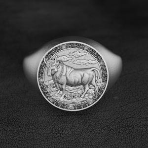 Taurus Zodiac Signet Ring, Handmade Sterling Silver Bull Ring, Astrological Gift for Him, Earth Sign Horoscope Jewelry for Taurus Men