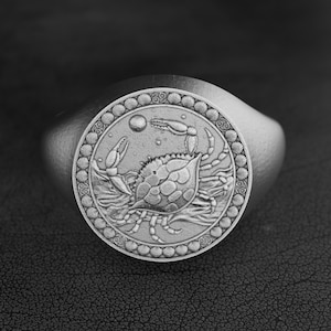 Cancer Zodiac Signet Ring, Sterling Silver Crab Astrology Ring, Handmade Horoscope Jewelry for Him, Birthday Gift for Cancer Men