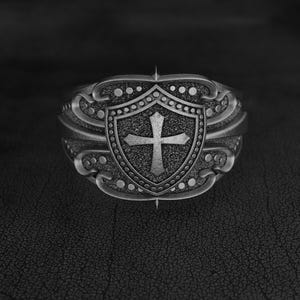 Shield Cross Ring for Men – Sterling Silver Christian Symbol Ring, Handmade Faith Band with Bold Medieval Look