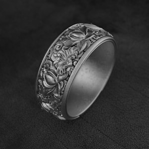 Japanese Lotus Kanji Ring – Sterling Silver Floral Band for Men, Nature-Inspired Wedding or Promise Jewelry