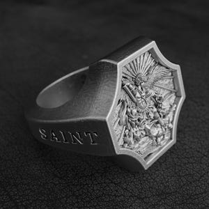 Archangel Michael Signet Men Ring in Sterling, Michael Defeating Satan Ring for Men, Catholic Ring, Religious Mens Ring, Christian Rings