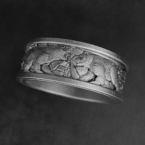 Scandinavian Bear Oxidized Silver Ring, Nordic Animal Wedding Band for Men, Nature-Inspired Sterling Silver Ring for Boyfriend