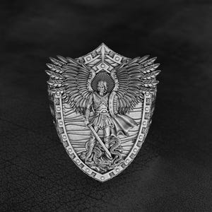 Archangel Michael Ring, Sterling Silver Shield Ring, Saint Michael Protection Ring, Handmade Religious Jewelry, Christian Gift for Men