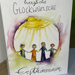 Original handgemalte Glückwunschkarte zur Kommunion, A6  Aquarell Klappkarte zur Kommunion, Glückwunschkarte für Kinder, Karte mit Umschlag