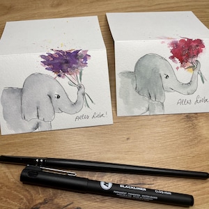 Original handgemalte Mini Aquarellkarte, Elefant mit Blume, Geschenkkarte, Geburtstagskarte, Grußkarte Aquarell, Muttertag, Geburtstag Kunst