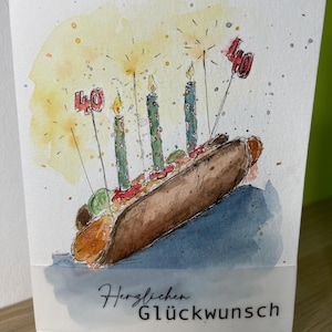 Original handgemalte Geburtstags - Aquarellkarte, Klappkarte, Happy birthday, HotDog, außergewöhnlich, Karte mit Umschlag, Geburtstagskerze
