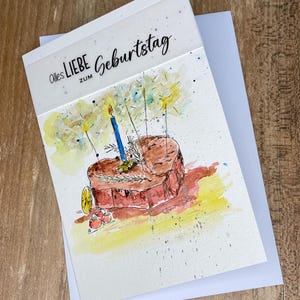 Original handgemalte Geburtstagskarte, Aquarellkarte, A6 Klappkarte, Alles Liebe zum Geburtstag, Steak mit Geburtstagskerze, lustige Karte