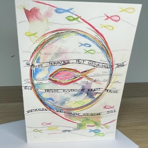 original handgemalte A6 Aquarellklappkarte mit Umschlag zur Kommunion oder Konfirmation, Karte für Jungen und Mädchen