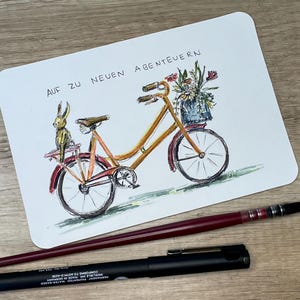 handgemalte, original Aquarell- Postkarte A6 mit Fahrradmotiv, Karte für anstehende Reise oder Neuanfang