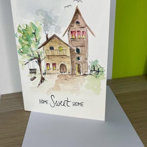 Original Aquarellklappkarte mit Umschlag, A6 Karte zur Einweihung, Umzug oder Einzug, Grußkarte zur Renovierung, Hauskauf, Neubeginn